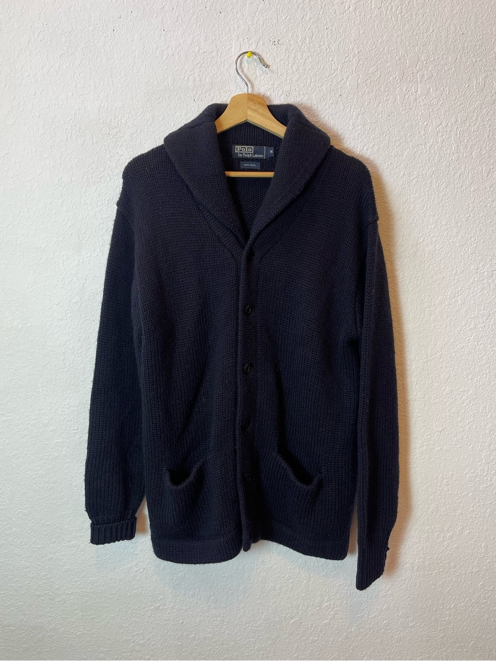 Vintage Polo Ralph Lauren Navy Blue 100% Wool shawcollar Chunky cardigan size M